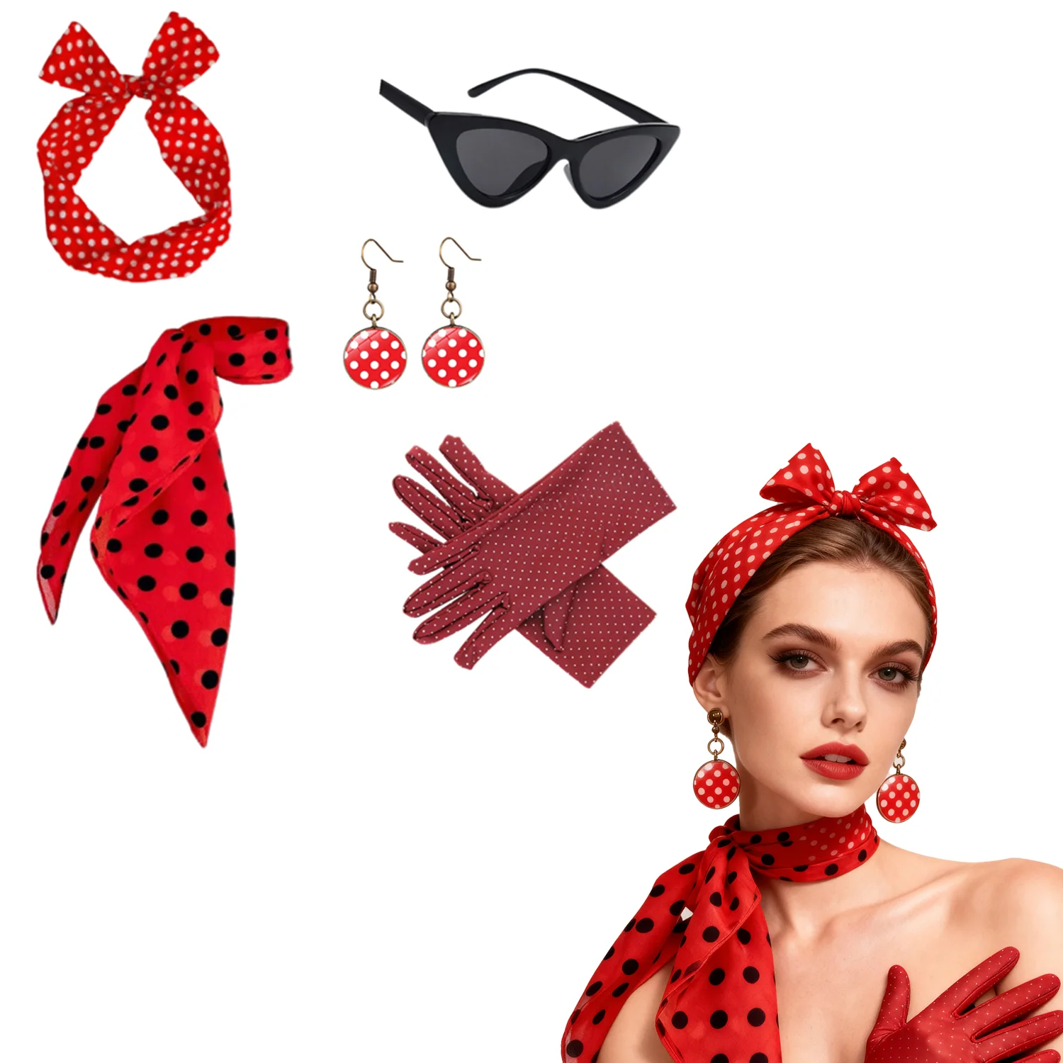 

PESENAR 50s Chiffon Scarf,Cat Eye Glasses,Bandana Tie Headband,Drop Dot Earrings