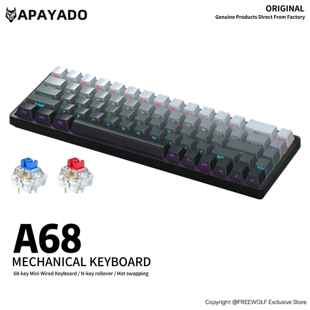 A68 Wired Mechanical Keyboard RGB Backlight,Fully Hot-Swappable Keys,ABS Keycaps,68-Key Keyboard for Gaming/Office Use