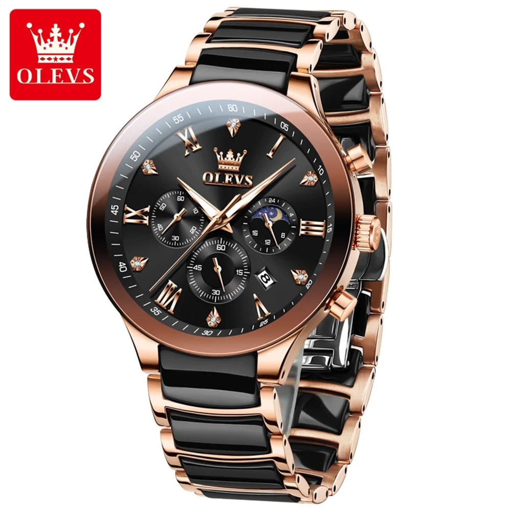 OLEVS Relógio Quartzo Impermeável Masculino, Alta Qualidade, Pulseira Cerâmica, Elegante Cronógrafo Cavalheiro, Relógio de Pulso Fase da Lua, 7004