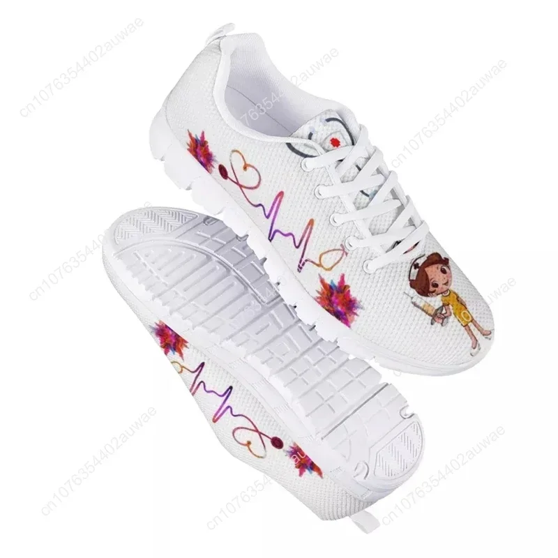 Funny Cartoon Nurse Girl Pattern Woman Flats Shoes Spring Autumn Mesh Lace Up Sneaker Female Casual Footwear Dropship