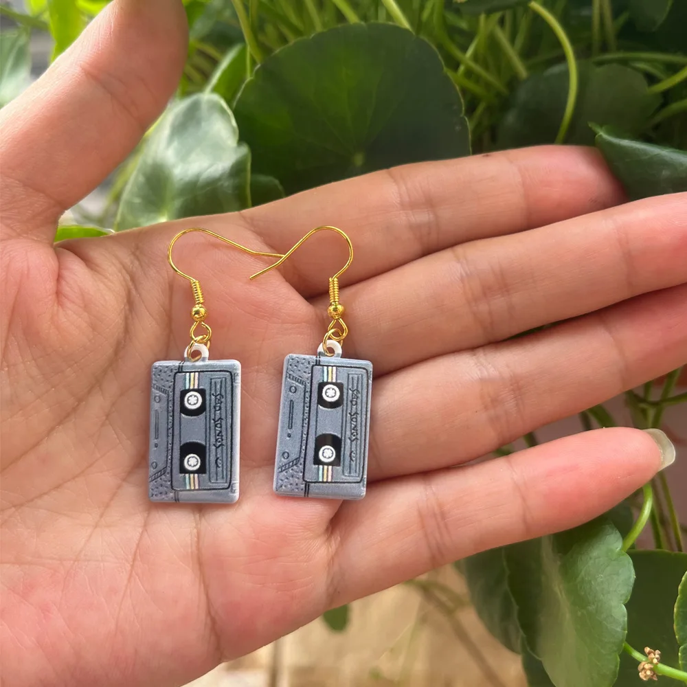 Retro Metal Cassette Tape dangle drop earrings, Cute 90s Music jewellery, Novelty Old School jewelry, Fun Quirky pendant