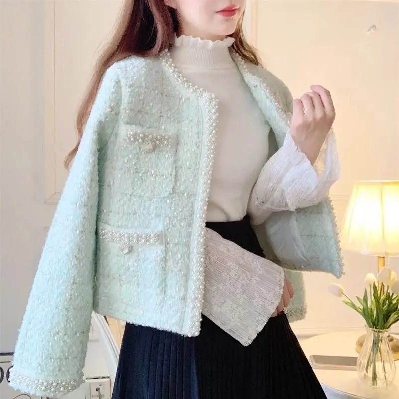 Women Coarse Tweeds Pearls Beaded Jacket Woolen Plaids Weaved Cardigan High Waist Rhinestones Beading Crystal Buttons Coat Tops