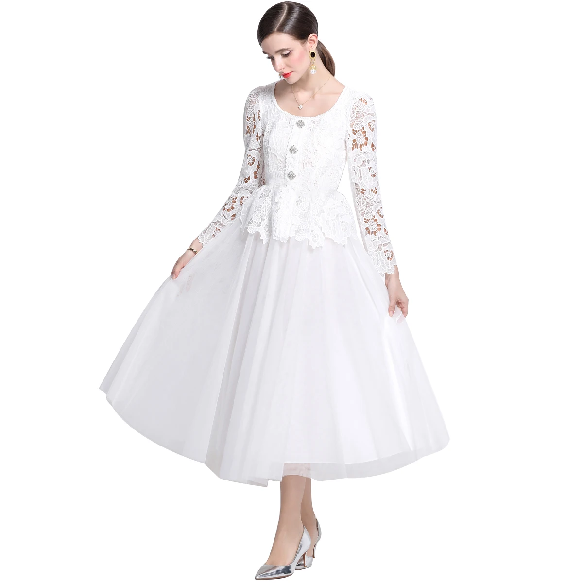 2024 Runway Autumn Lace Patchwork Mesh Prom Party Midi Dress Women O Neck Long Sleeve Hollow Out Diamonds Button Ball Gown Robe