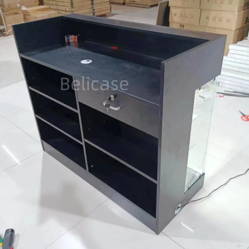 2025customized.70Inch Wooden Glass Supermarket  Shop Checkout Counter Cash Registers Retail Shops Smoke Shop Cash Desk