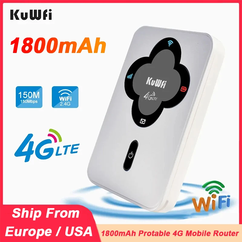 KuWFi 4G Mobile Router 150Mbps Outdoor Protable Mini 4G LTE Router Wi-Fi Router Built in 1800mAh Battery with SIM Card Slot