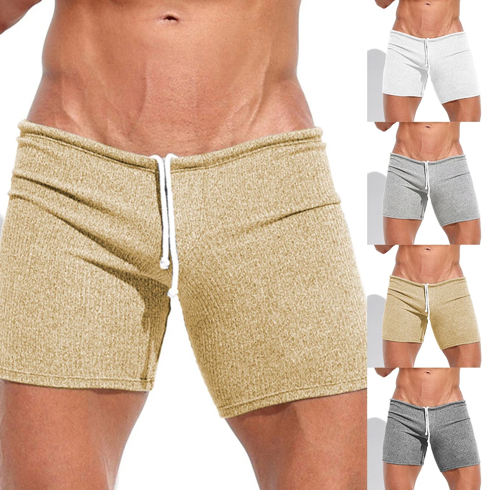 

Size M-2XL Men's Ribbed Sleep Bottoms Shorts Summer Outdoor Sports Short Pants Drawstring Beach Board Shorts