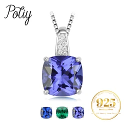 Potiy 4.73ct Cushion Created Sapphire Nano Emerald Tanzanite Pendant Necklace No Chain 925 Sterling Silver for Women valentines