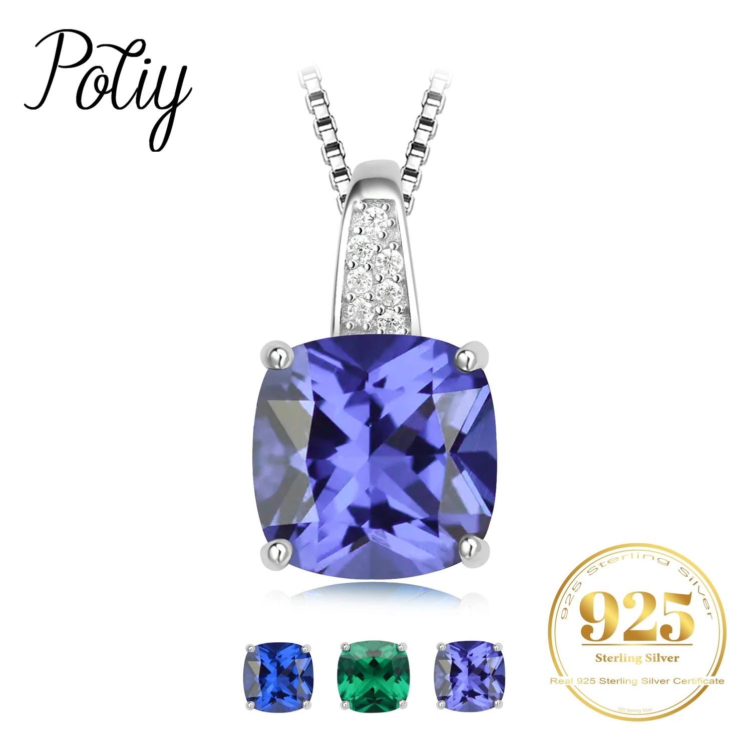 Potiy 4.73ct Szafir Syntetyczny w Szlifie Cushion, Nano Szmaragd, Tanzanit, Wisiorek Bez Łańcuszka, Srebro Próby 925 dla Kobiet, Walentynki