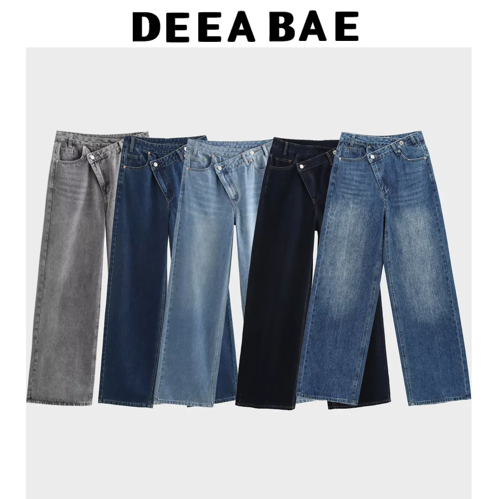 Женские джинсы DEEABAE, мода весны 2025 года, новые поступления, универсальные базовые брюки, асимметричные двубортные широкие джинсы с талией