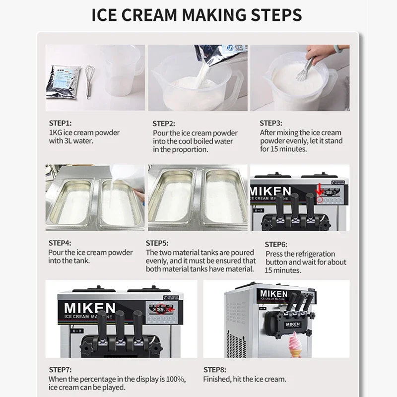 Commercial Soft Ice Cream Machine 3 Flavors 18-22L/H Ice Cream Soft Serve Maker 60HZ Lcd Panel One-click Cleaning
