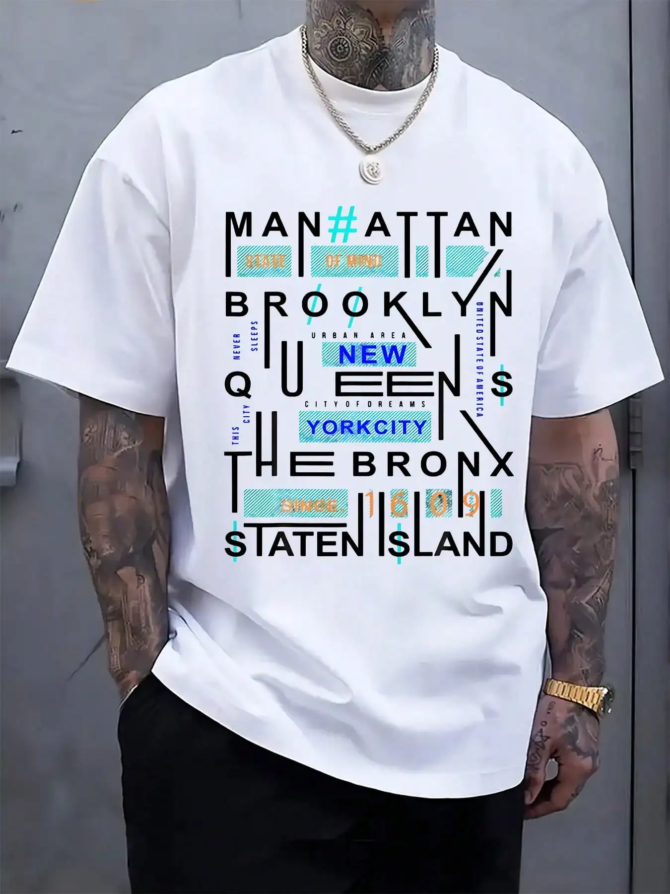 Men's New York Borough Graphic Print T-Shirt - Regular Fit Short Sleeve Casual Tee With Bold # Manhattan Brooklyn Queens Bronx NYC Streetwear Design, 95% Polyester 5% Elastane Blend, L