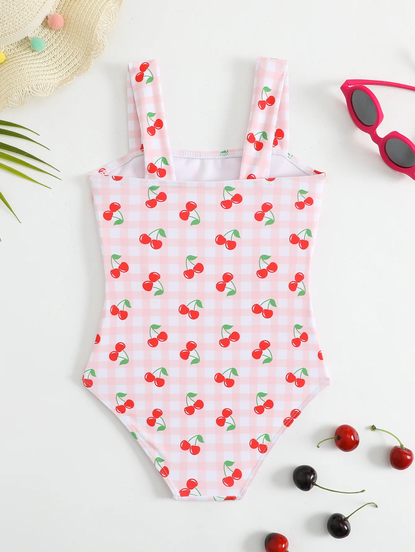 2025 الصيف 4-7 سنوات ملابس سباحة للفتيات قطعة واحدة ملابس السباحة الجوف الكرز الطباعة ملابس السباحة للأطفال الصيف بيكيني ثوب السباحة #2