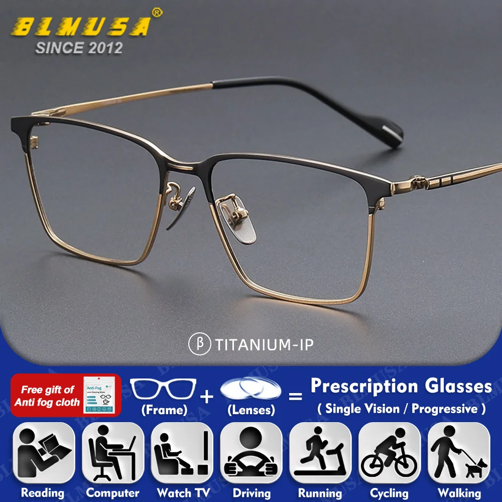 BLMUSA Business Man Titanium Square Frame Reading Glasses Anti Blue Light Photochromic Progressive Prescription Myopia Eyeware