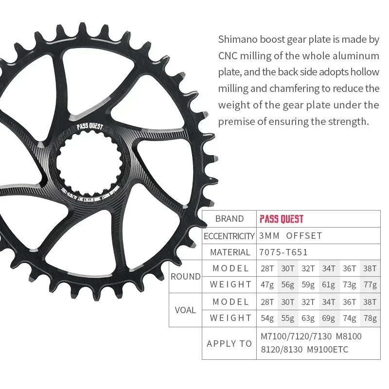 PASS QUEST 3mm 6mm Offset Bike Chainring 28T 38T MTB Narrow Wide Bicycle Chainwheel for Deore Xt M7100 M8100 M9100 12S Crankset