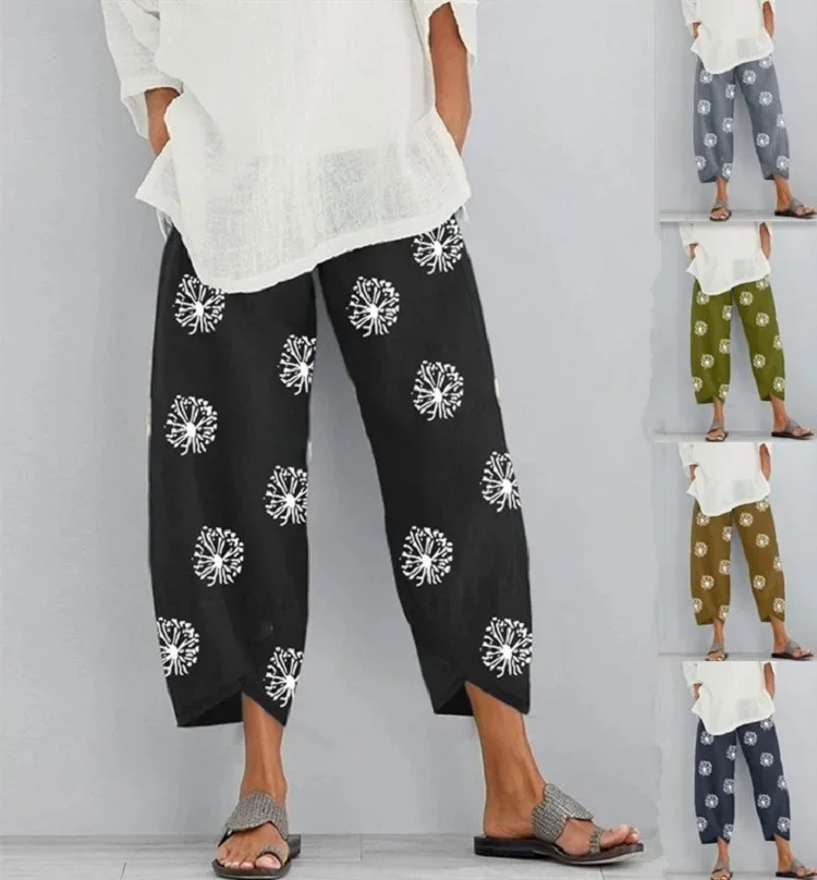 2024 new women\'s fashion loose dandelion print elastic waist pocket pants plus size