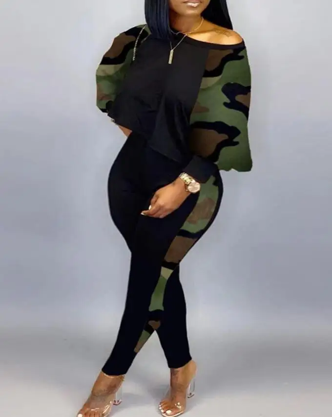 

Plus Size Fashion Women's Two Piece Set Casual Camouflage Print Patchwork Round Neck Long Sleeve Tee Top & Skinny Pants Set