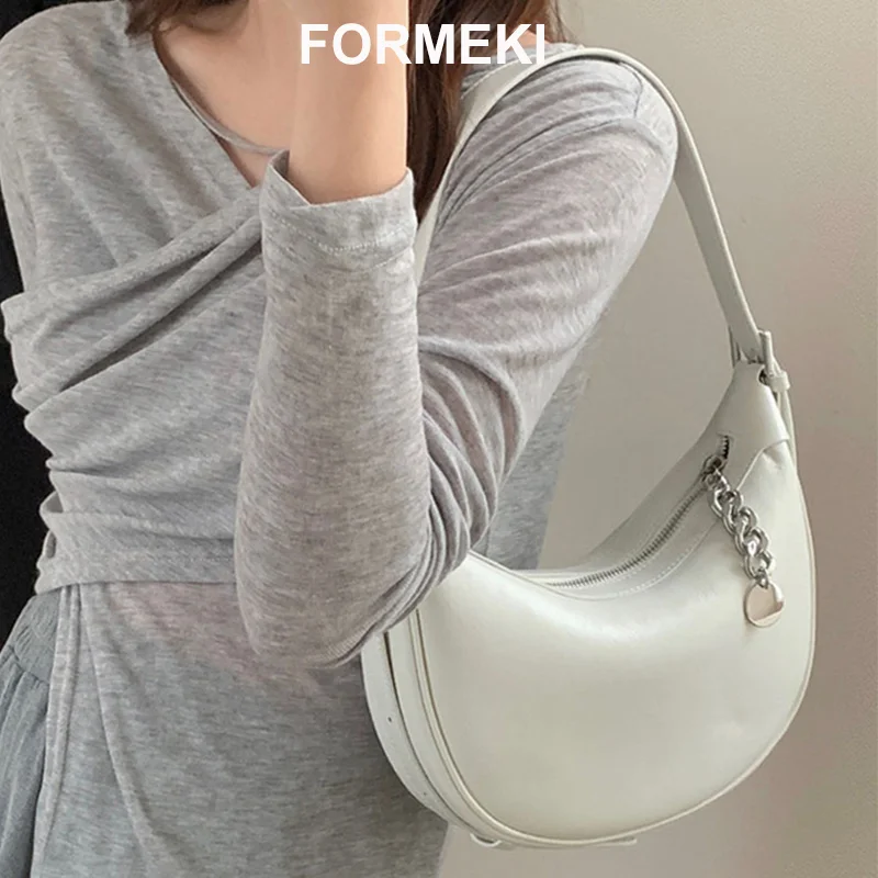 

Formeki New Real Leather Bag Shoulder Bag For Women Metal Chain Half Moon Bag Concise Hobos Luxury Design Bag