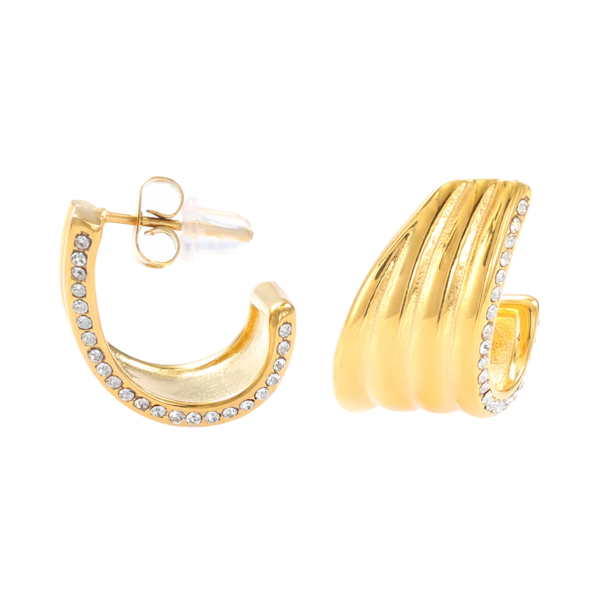 Vintage Aesthetic Curved Arc Stainless Steel Earrings for Lady C Shaped Edge Embed Small Circle Crystal Stone Commuter Jewelry image 2