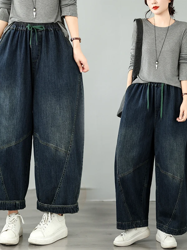  Women's Casual Straight Leg Jeans Loose Slimming Elastic Waist Denim Knife  Pants Cotton Polyester Blend