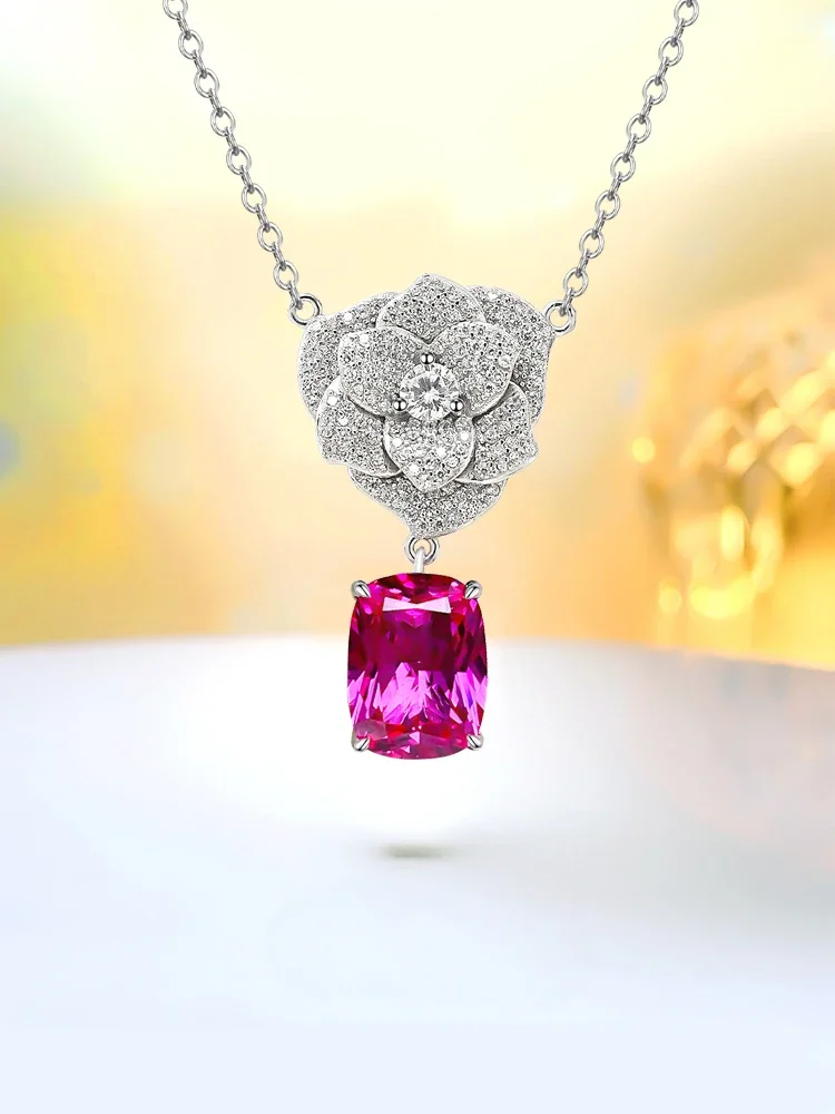 Fashionable Floral Pink Tourmaline S925 Silver Pendant with High Elastic Diamond Inlay, Versatile, Niche, and High-end Feel