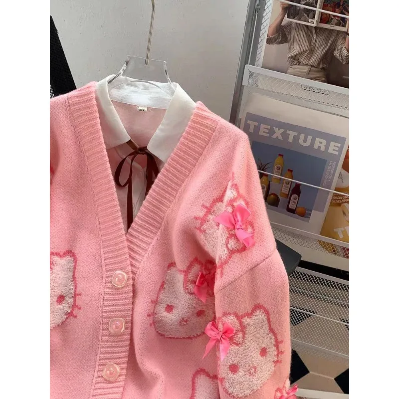 Kawaii Hello Kitty modny słodki sweter sweter wiosenny i jesienny dorywczo luźna kurtka z dekoltem w kształcie litery V dla kobiet