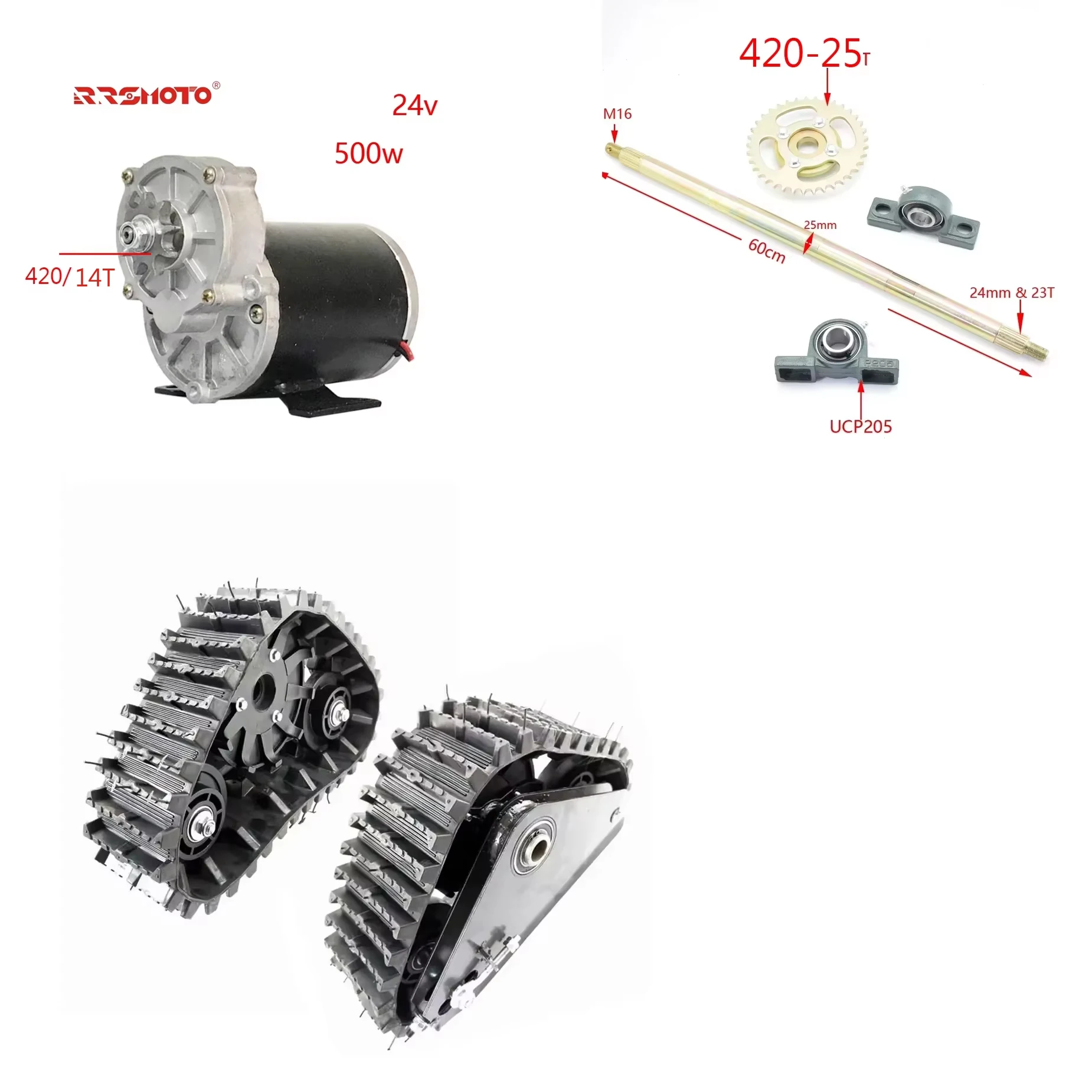 

60cm Rear axle S size Snow rubber Tracks + 500W 420 11T For ATV Quad Go karting Rear wheel DIY Sand Snowmobile Track Assembly