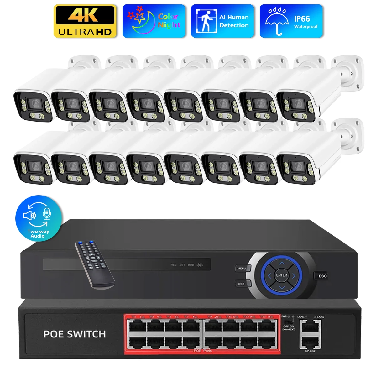 16CH 4K POE CCTV Security Camera System 8MP Outdoor Waterproof IP Camera with Two-Way Audio Night Vision Video Surveillance Kit