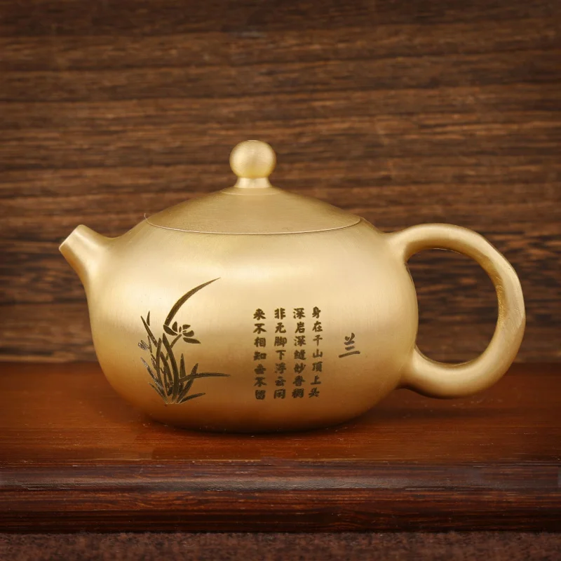 Brass Home Decor Orchid Teapot Office Desk Ornament Craft Copper Sculpture Exquisite Carving Elegant Interest