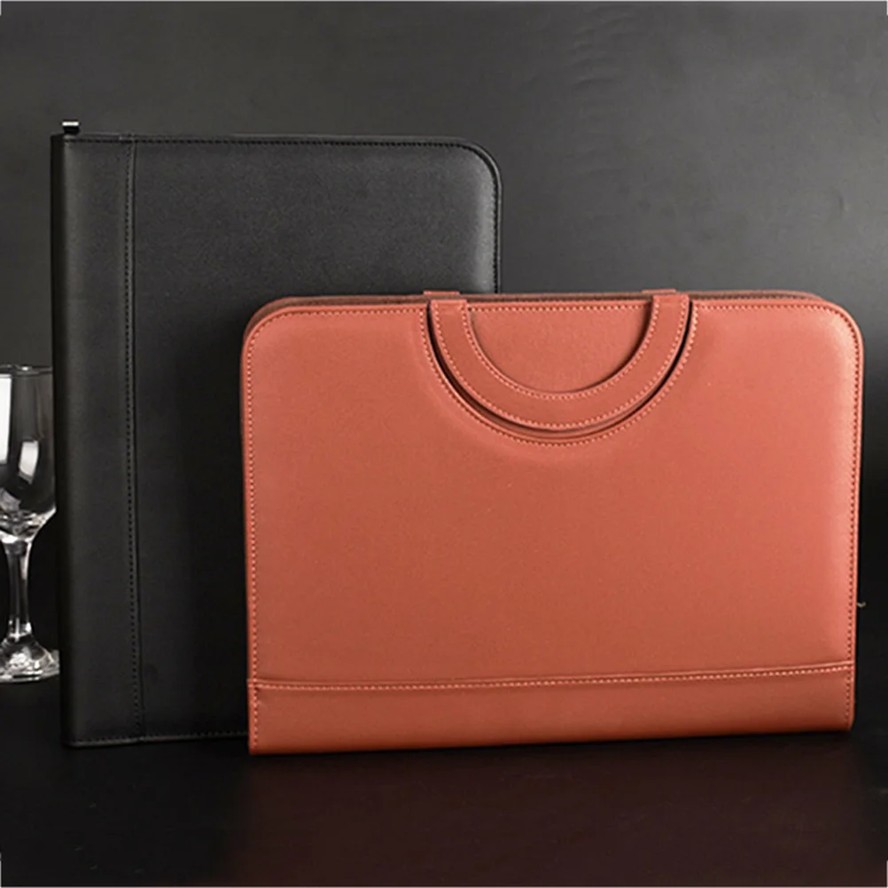 A4 Pu Zipper Portfolio Multifunctional Office Business Document Organizer Calculator Pen Loops Accessory Pockets Brown