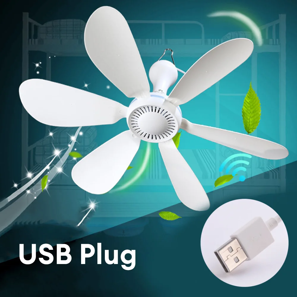 Strong Wind Hanging Fan 6 Leaves Ceiling Fan for Indoor USB Powered Ceiling Canopy Fan 4 Speed Adjustable Air Circulation Fan