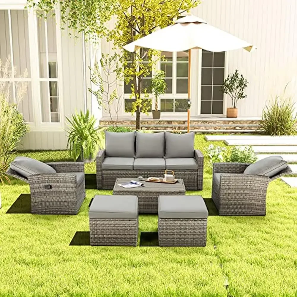 Outdoor Patio Furniture Set High Back Wicker Recliner Sofa with Ottoman All Weather Storage Grey Vintage Design Relaxing Seat