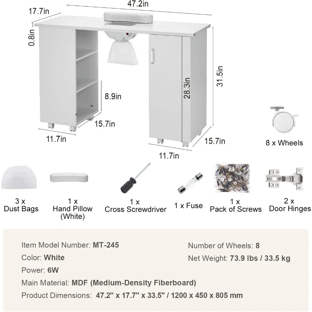 Nail Art Table, White with Electric Dust Collector, Movable Nail Art Technology Table with 8 Wheels, 3 Dust Bags, Nail Art Table