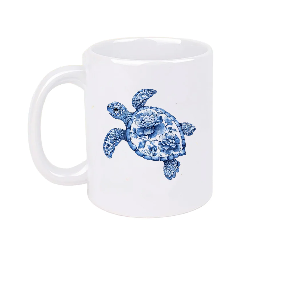 11oz Blue and White Porcelain Style Turtle Floral Print Ceramic Coffee Mug Summer Outdoor display cup Home Use Holiday Present C