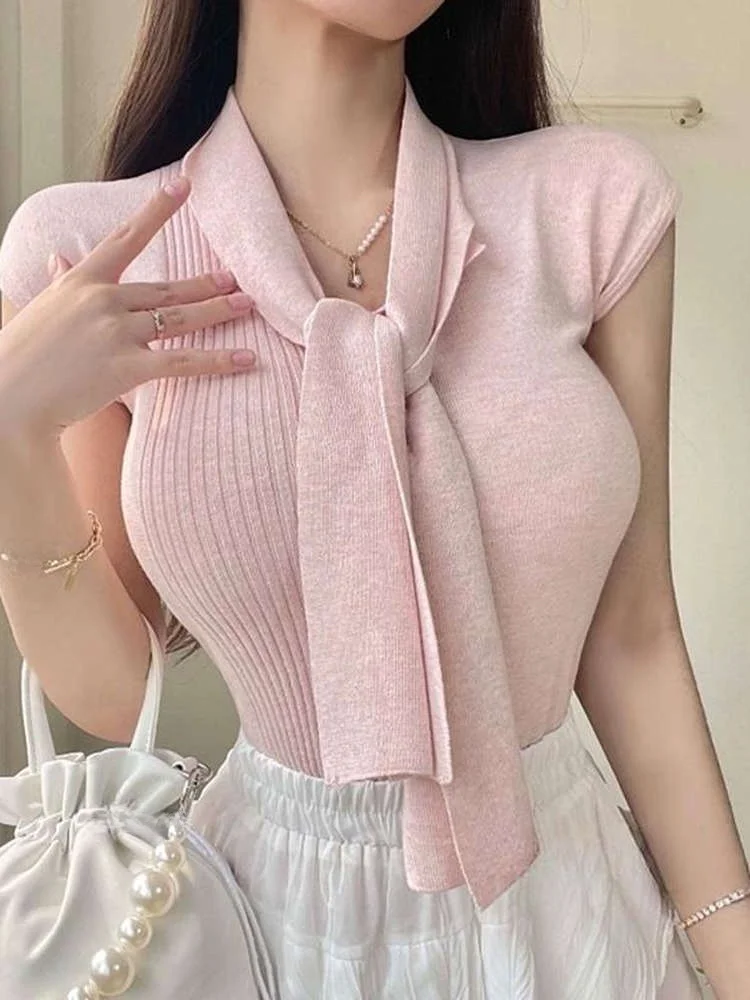 

Summer Pure Desire V-ne Belted Slim Fit ort Sve Knitted Top Women's Faionable Versatile Korean Sle Commute Wind