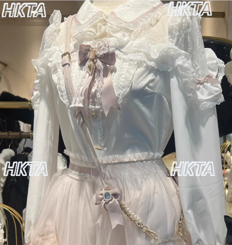 

2025 Autumn New Long Sleeve Shirt for Women Japanese Style Mass-Produced Waist-Slimming Bow Off-Shoulder Lace Shirts Blouse