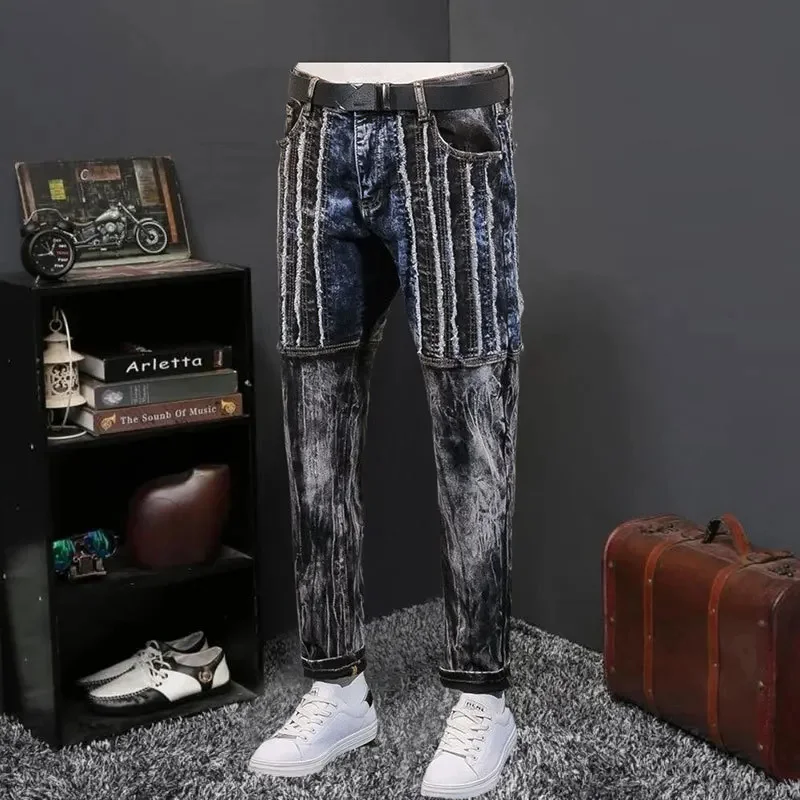 High Street Fashion Washed Vintage Men Slim Jeans Vaqueros Hombre Zipper Personalized Pants Bootcut Without Belt For