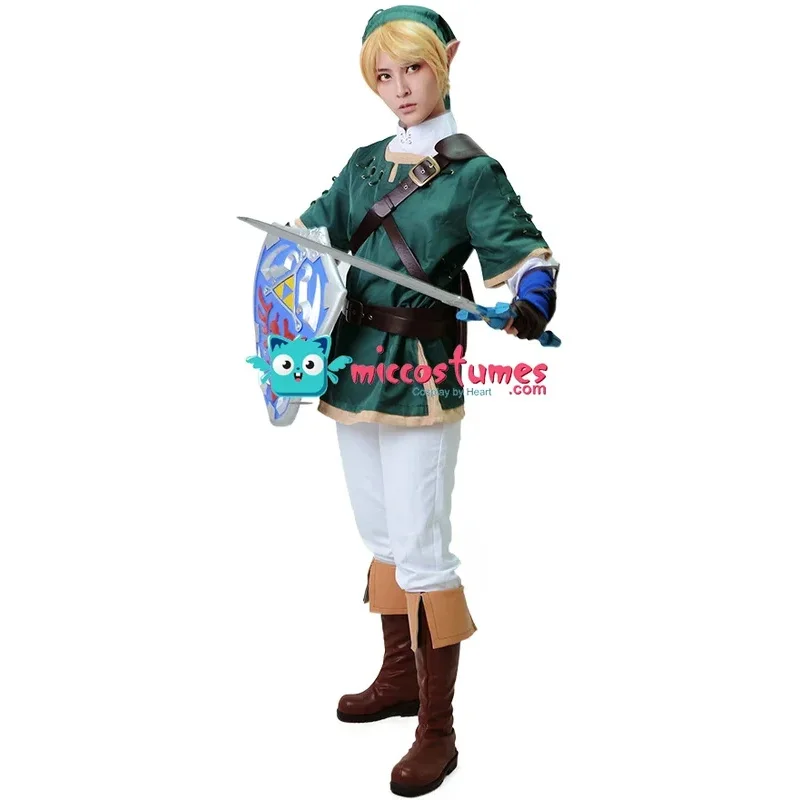할로윈 애니메이션 전시 파티 등에 적합한 롤플레잉을 위한 미키 프린세스 링크 남성용 녹색 의상입니다.