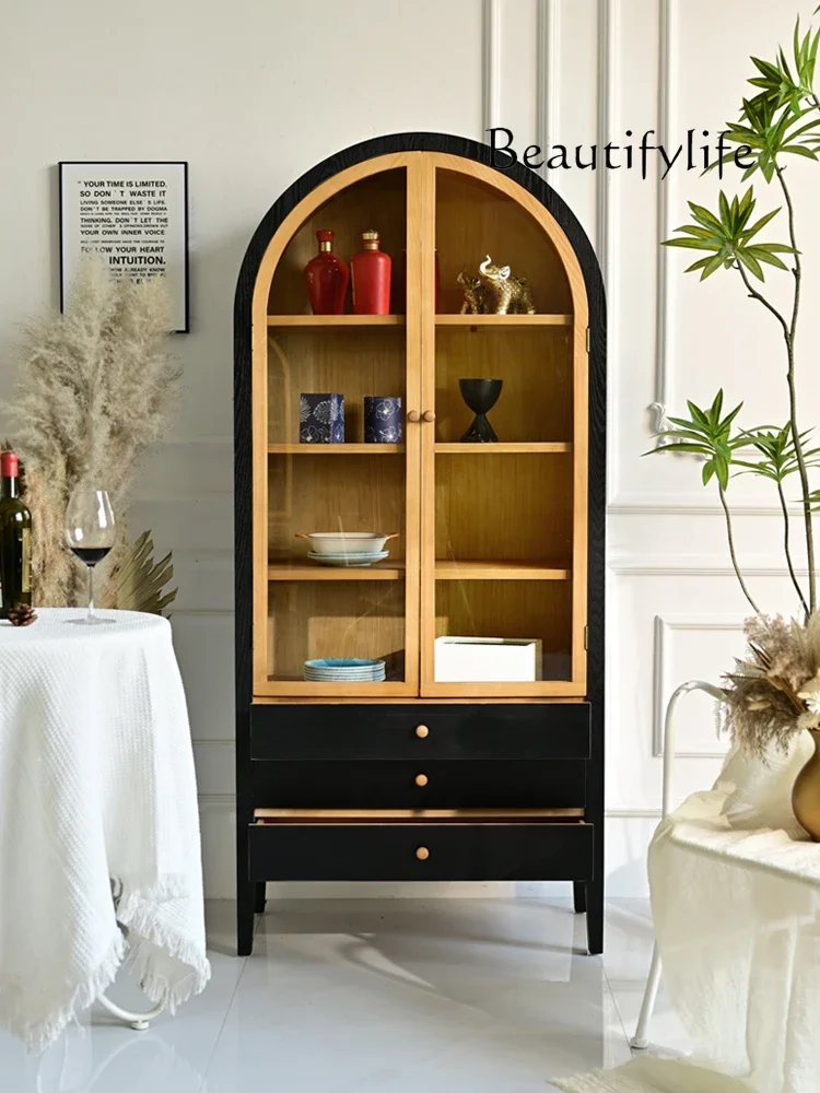 Nordic solid wood dining side cabinet simple living room glass storage cabinet household arched display wine cabinet