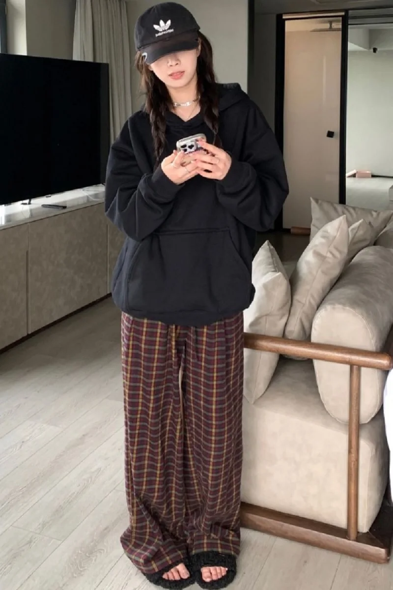 

Korea Version Retro Plaid Casual Pants Women Autumn High Waist Drawstring Draped Straight Pants Loose Wide-Leg Floor Trousers