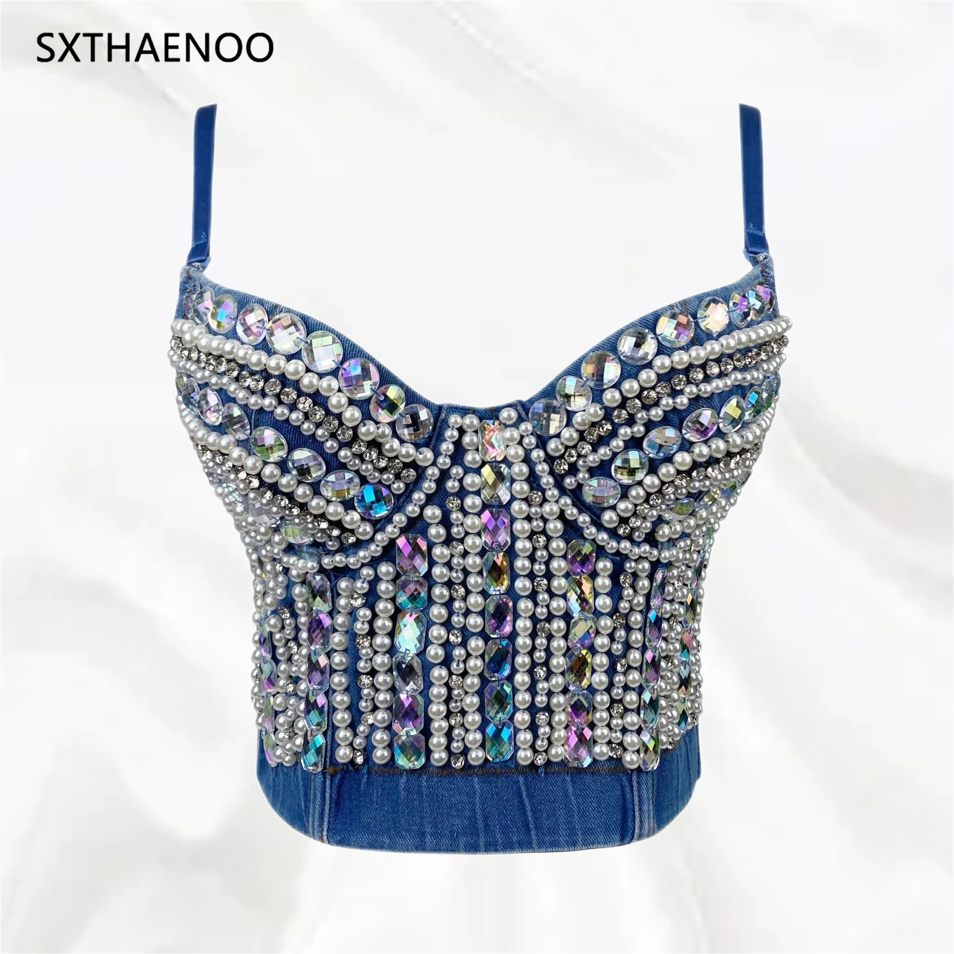 SXTHAENOO 2023 Women's Heavy Industry nailed beaded Diamond-Studded  Sexy Crop Top Fashion Denim Sling Top Vset топ женский