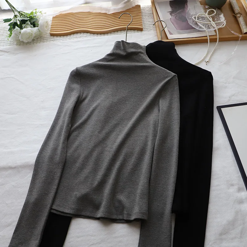 المرأة عالية الياقة Fce اصطف طويل Sve قاعدة irt الأزرق ملابس داخلية تي شيرت لون نقي الدافئة التخسيس الأعلى الكورية Sle #4