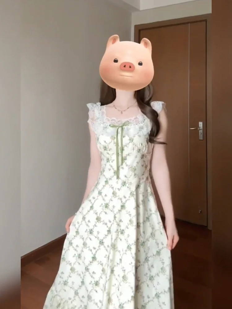 

XZY Xinzhengyan Летнее женское платье с цветочным принтом и кружевными вставками, приталенное, длинное, в корейском стиле, А-силуэт, повседневное