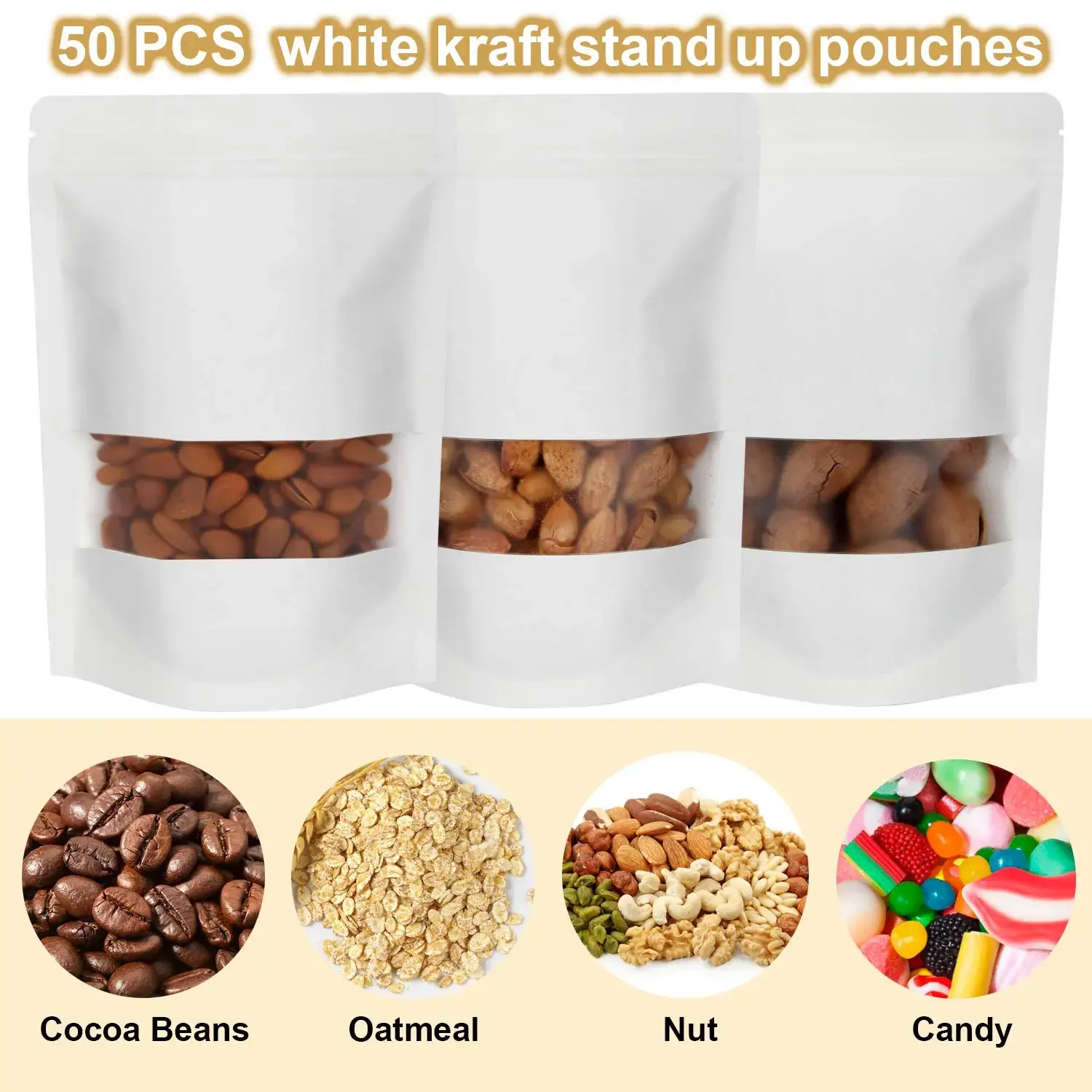 50PCS Kraft Stand Up Zip Lock Pouch Resealable Bags with Transparent Window and Tear Notch For Party