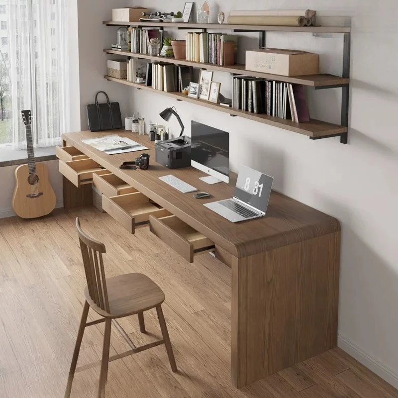 Double solid wood desk with drawers Simple household log computer Desktop table American children's
