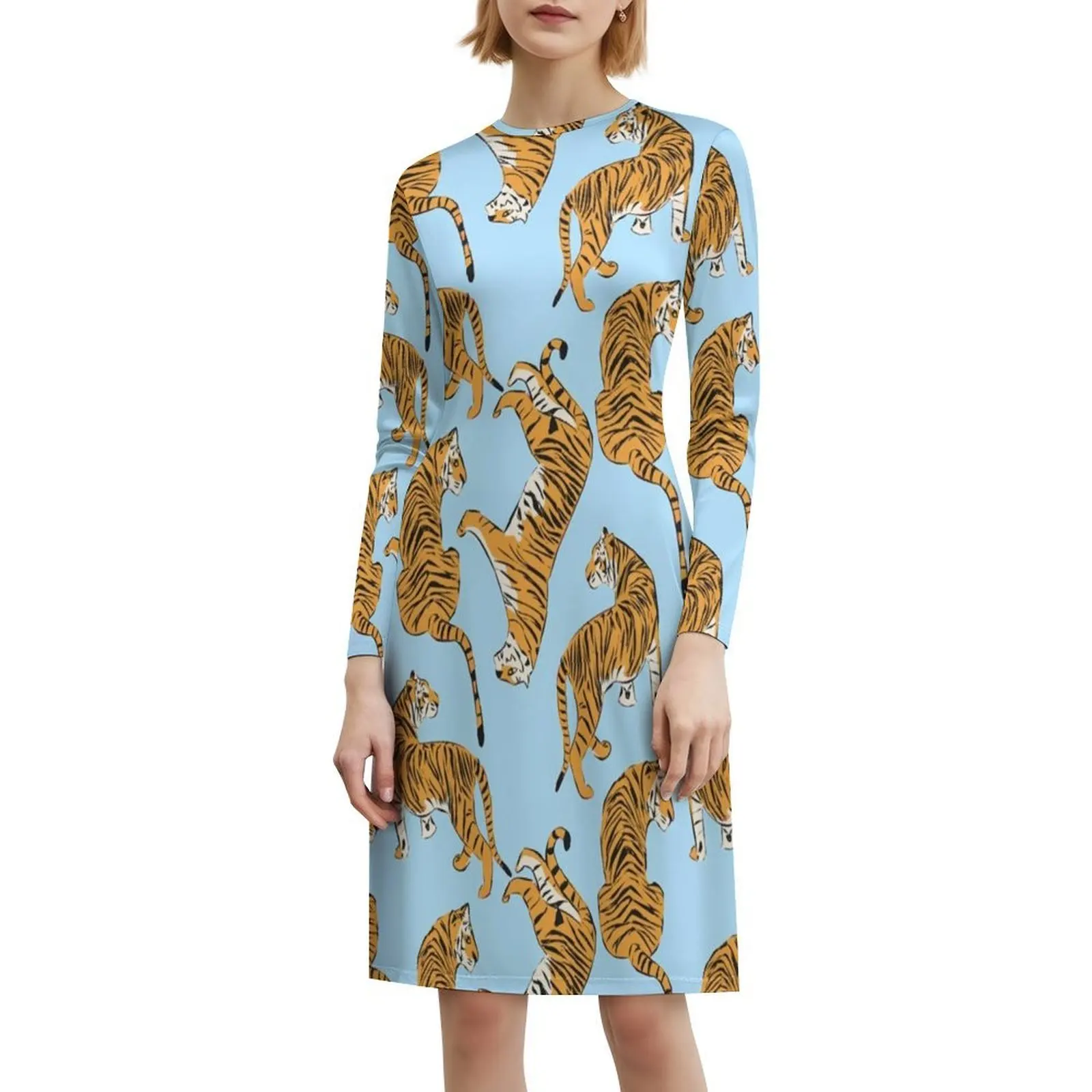 フレンチブルーピンクタイガーリピートプリント-プレッピーモダン韓国スタイルカジュアルドレス女性用シンプルデイリーオフィスレディドレスブルー