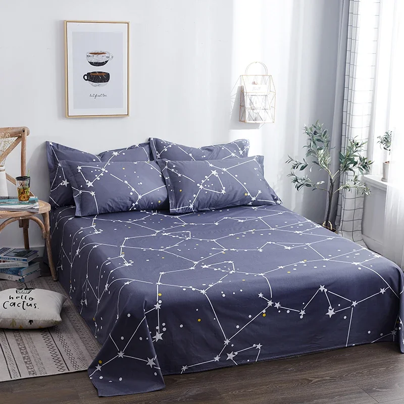 4 Pcs Galaxy Bed Sheet Set Cotton Constellation Flat Sheet,Celestial Space Starry Sky Star Astrology Fitted Sheet Navy Blue,Twin