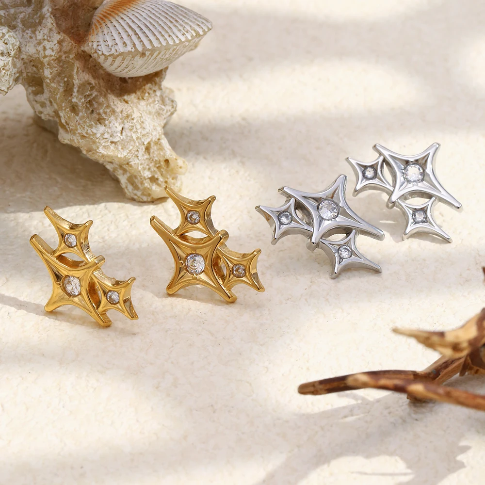 E.B.belle Three Four-pointed Star Studs Earring Joined Together With Zircon Stone 18K Gold Plated Suit For Women's Jewelry