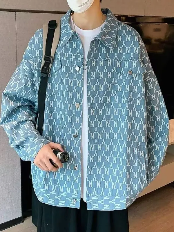 

Loose Long Sve Printed irt Jaet for Men Casual Korean Sle Spring Autumn Plaid Top Faionable And Haome