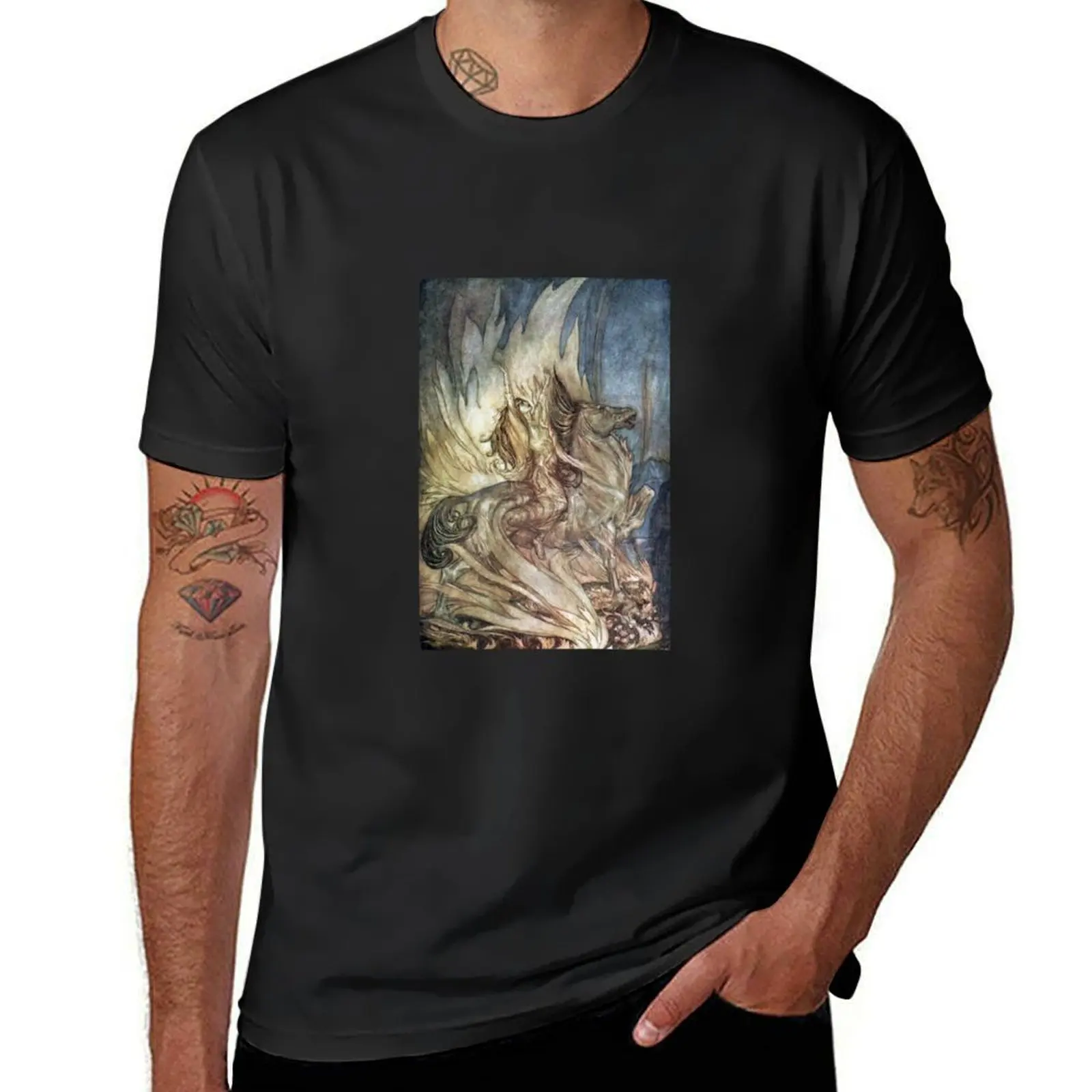 Twilight of the Gods - Brünnhilde leaps onto Siegfried's funeral pyre (Rackham) T-Shirt sweat mens t shirts