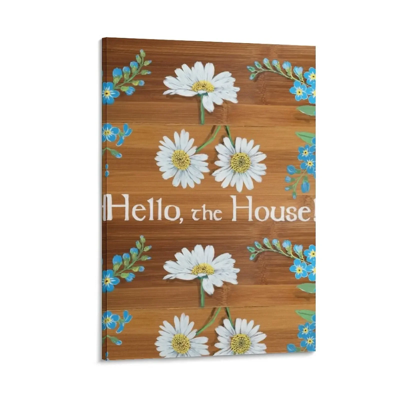 

Hello the house forget me nots chamomile daisies strawberry flowers on wood painting art sign welcome greeting b Canvas Painting